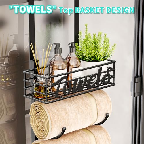 HapiRm 6-Tier Over The Door Towel Racks for Bathroom - Wall Mounted Towel Holder with Metal Shelf - Rolled Towel Organizer Door Hanging Towel Storage - Black