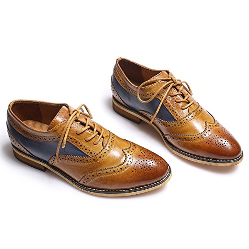 Mona flying Women's Stacked Heel Wingtip Oxfords Ladies Comfortable Lace-up Leather Brogue Shoes Brown-blue