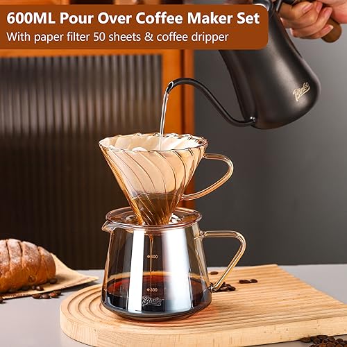 Bincoo Glass Coffee Server Set 600ml- Glass Pour Over Coffee Maker Set with Dripper, V60 Coffee Pot with 50 Count Paper Filter for Home and Office (Champagne)