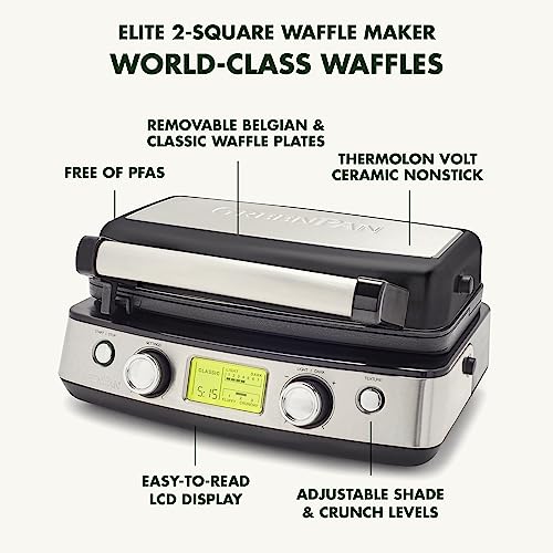 GreenPan Elite 2-Square Belgian & Classic Waffle Iron, Healthy Ceramic Nonstick Aluminum Dishwasher Safe Plates, Adjustable Shade/Crunch Controls, Wont Overflow, Easy Cleanup Breakfast, Black