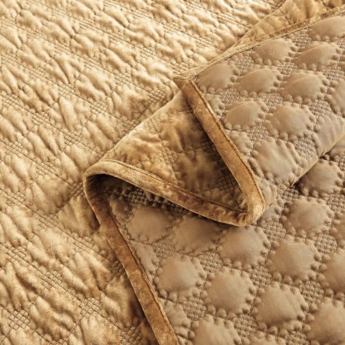 Fredsure Distressed Velvet Quilt Set, 3 Pieces Camamel Gold Queen, Distressed Velvet Face and Brushed Microfiber Reverse with Geometry Embroidery Quilting