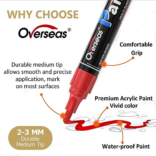 Overseas Black Paint Pens Paint Markers - Permanent Acrylic Markers 8 Pack, Water-Based, Quick Dry, Waterproof Paint Marker Pen for Rock, Wood, Plastic, Metal, Canvas, Glass, Fabric, Mugs. Medium Tip