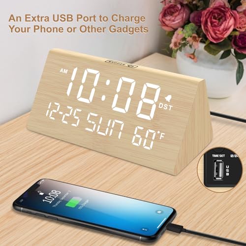 DreamSky Digital Alarm Clocks for Bedrooms - Wooden Desk Clock with Date, Day of Week, USB Port, Temperature, Dimmer for Bedside Table, Living Room, Office, Adjustable Volume, Auto DST, Wood Decor