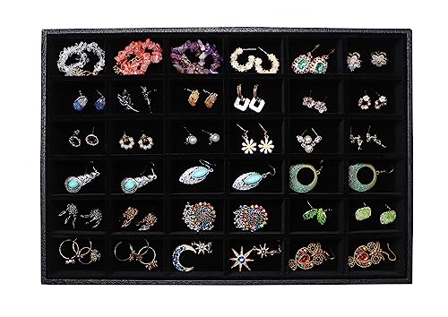 Wudygirl 7 Slots Velvet Ring Earrings Tray Storage Jewelry Showcase Display Stackable Rings Organizer Holder for Drawers, Black (Ring Tray)