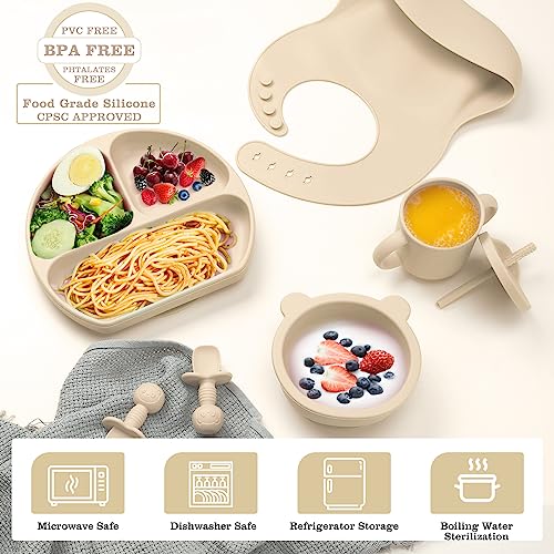 Silicone Baby Feeding Set, Baby Led Weaning Supplies with Suction Bowl Divided Plate, Toddler Self Feeding Dish Set with Spoons Forks Sippy Cup Adjustable Bib, Eating Utensils for 6+ Months(Beige)