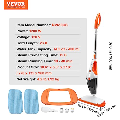 VEVOR Steam Mop, 5-in-1 Floor Steamer, Steam Mop for Hardwood Floors with 4 Replaceable Brush Heads, Floor Steam Cleaner for Ceramic, Granite, Marble, Linoleum, Natural Floor Mop with 2pcs Pads