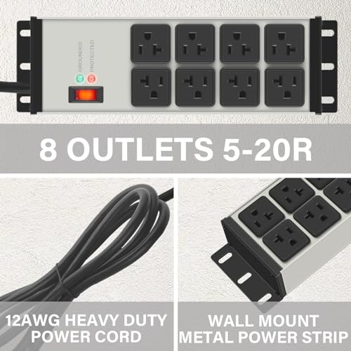 CCCEI Black Heavy Duty Power Strip Surge Protector 20 AMP, 8 Outlets 12 Gauge Industrial Shop Garage Metal Multiple Outlets, 6 FT Extension Cord 5-15P Adapter High Amp 6-20R T-Slot 20a for Appliance