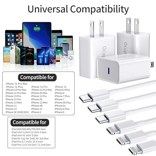 for iPhone 14 13 12 11 Charger Fast Charging [MFi Certified], 3-Pack 20W PD USB C Wall Charger Block with 6.6ft USB C to Lightning Cable Compatible with iPhone 14 Pro Max/Pro/Plus/Mini/iPad & More