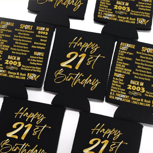 BackURyear 21st Birthday Decorations for Him Her, Birthday Decor for 21 Years Old Boy Girl, 21st Birthday Supplies for Women Men, Back in 2003-21st Birthday Can Cooler Sleeves- 12Pcs Black&Gold