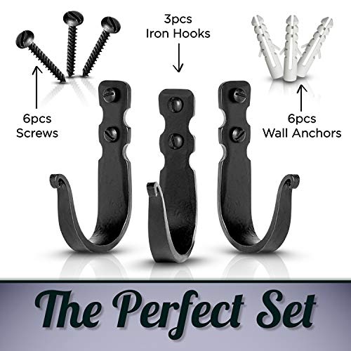 Stur-De Decorative Hooks for Wall - Wall Hooks for Hanging Coats, Hats & Bags, Rustic Towel Hooks for Bathrooms or Kitchen - Wrought Iron Farmhouse Hangers - Pack of 3, Black - 3.3 x 2 x 0.8 Inches
