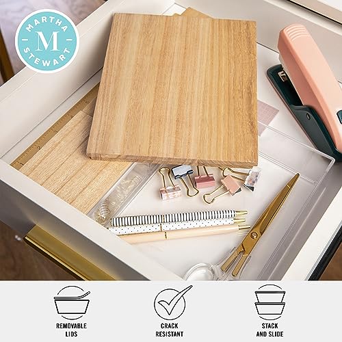 Martha Stewart Brody Plastic Storage Organizer Bins with Paulownia Wood Lids for Home Office,-Kitchen, or-Bathroom, 3 Pack 1-Small/1-Medium/1-Large, Clear/Lt Natural