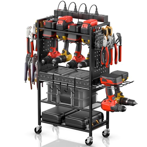 CCCEI Power Tool Organizer Cart with Charging Station, Garage Floor Rolling Storage Large Cart on Wheels for Mechanic, Mobile 6 Drill, Tool Box Utility Cart with Battery Charging Power Strip, Black.