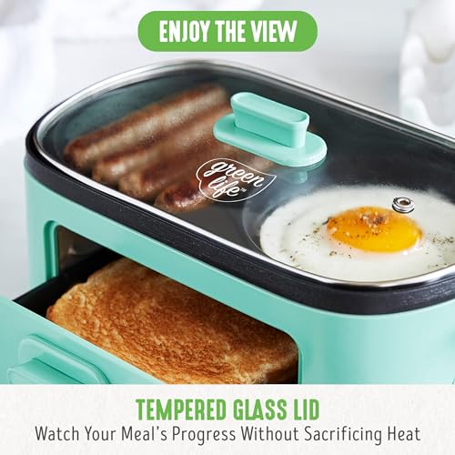 GreenLife 3-in-1 Breakfast Station, Ceramic Nonstick PFAS-Free Dual Griddles for Eggs Meat Pancakes & Sandwiches + 2-Slice Toast Drawer, Healthy Cooking, Timer, Versatile Morning Meal Maker, Turquoise