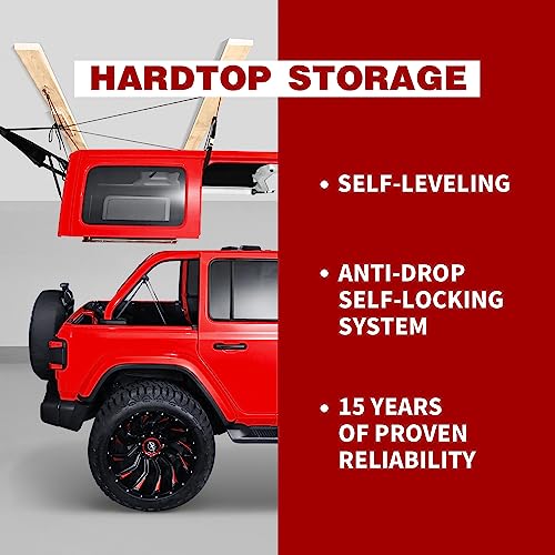 Hard Top Removal Lift for Jeep Wrangler, Compatible with All Jeep Wrangler JK JL Models, Easy One-Person Operation Roof Hardtop Hoist with Anti-Drop System, Supports 8-16 ft. Ceiling, 6 T Knobs