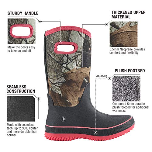 HISEA Women Mud Boots, Mid Calf Neoprene Rubber Boots with Pull on Handle Insulated Barn Boots Womens Waterproof Rain Boots Garden Shoes Womens Rainboots for Farm Gardening Hiking Hunting Fishing