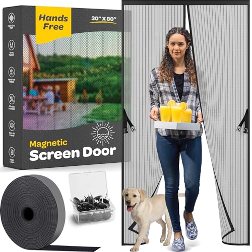 Hands-Free Magnetic Screen Door, Heavy Duty, Self Sealing Screen Door Mesh Protector, Pet and Kid-Friendly, Stay-Open Buckle, Keeps Bugs Out While Letting Nature in, Fits Door Size (30" x 80")