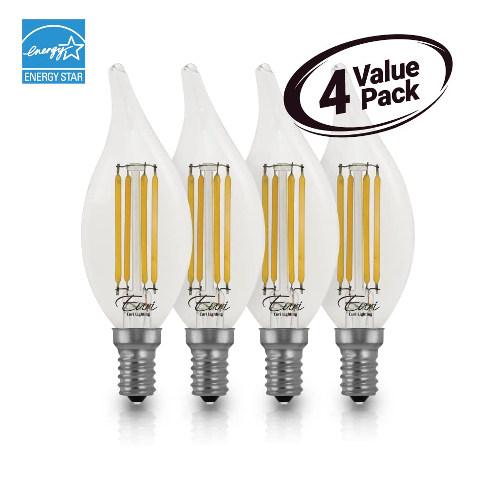 Euri Lighting VBA10-3020e-4, Dimmable LED BA10 Flame Tip Filament, 4.5W (50W Equiv) 500lm, 80 CRI, Warm White (2700K), E12, 120V, Wet Rated, UL, Energy Star, 3YR 15K HR WTY, 4-Pack