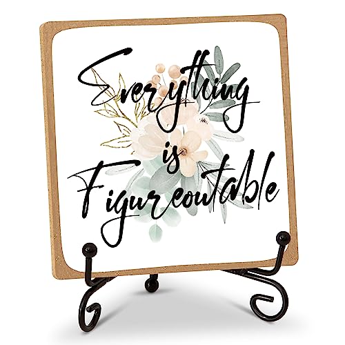 Inspirational Quotes Home Office Desk Decor with Stand, Thank You Gifts Everything is Figureoutable, Motivational Wooden Sign Gift for Women Men Friends Coworkers - A11