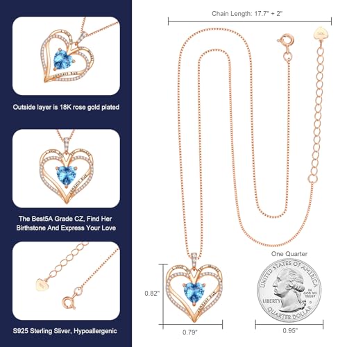 Rose Gold Heart Necklaces for women, S925 Sterling Silver Wife Jewelry Gifts for Women, Mother’s Day Valentine’s Day Christmas Wedding Anniversary Birthday Gifts for Mom Girlfriend Wife Daughter