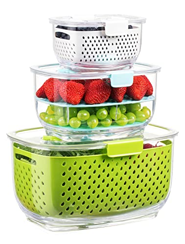 LUXEAR Fresh Produce Vegetable Fruit Storage Containers 3Piece Set, BPA-free Fridge Storage Container, Partitioned Salad Container, Fridge Organizers, Used in Storing Fruits Vegetables, Green