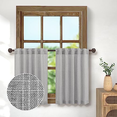 White Short Curtains 24 Inch Length for Small Windows 2 Panel Set Back Tab Pocket Light Filtering Farmhouse Kitchen Curtain Valance Tier Cotton Textured Linen Sheer Curtains for Bathroom Laundry 52x24