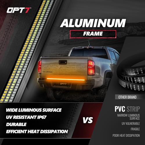 OPT7 48" Redline Triple Row LED Tailgate Light Bar w/Sequential Amber Turn Signal - Weatherproof Rigid Aluminum Light Strip for Colorado Frontier Ranger Maverick - Full Function Reverse Brake Running