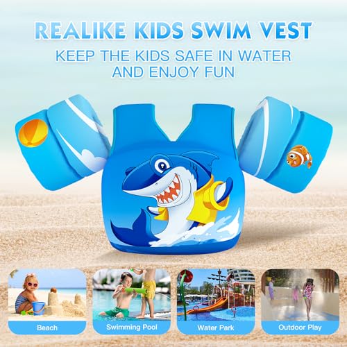 REALIKE Kids Swim Vest for Toddler Floaties Swimming Aids with Shoulder Harness Arm Wings for Children/Infant/Baby,Sea Beach/Pool/Lake, Suitable for 28-70lbs Boys/Girls