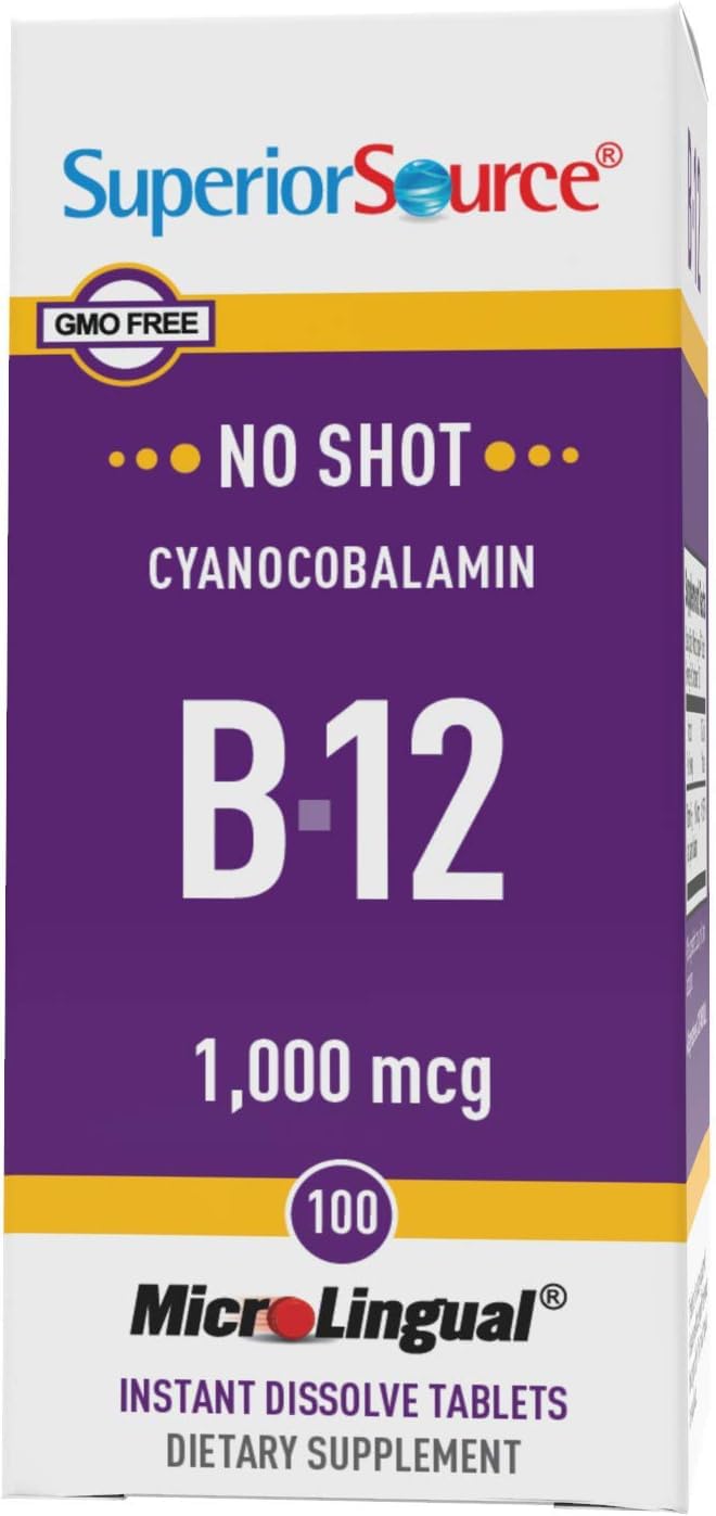 Superior Source No Shot Vitamin B12 Cyanocobalamin 1000 mcg, Quick Dissolve MicroLingual Tablets 100 Count, B12 Supplement to Increase Metabolism and Energy Production, Nervous System Support, Non-GMO