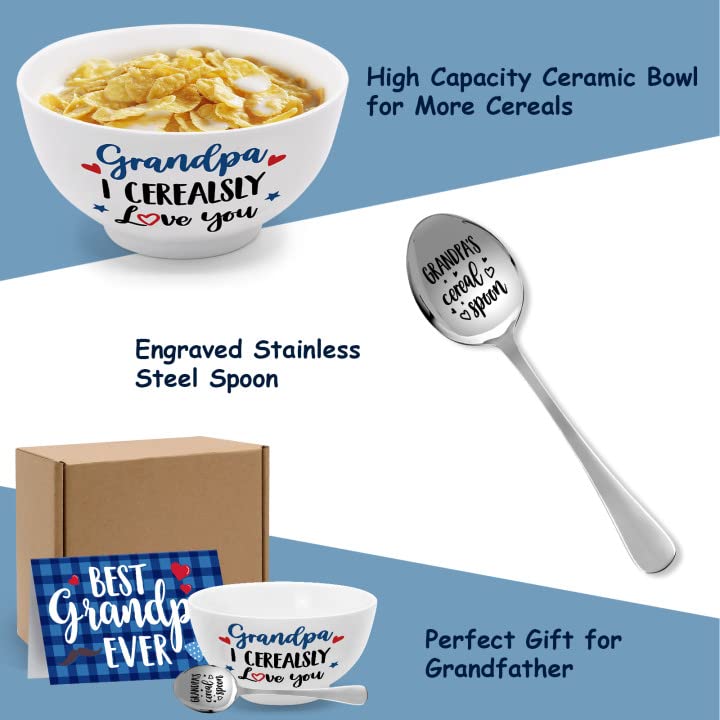 Grandpa Gift Cereal Bowl and Cereal Killer Spoon Set with Best Dad Ever Card Birthday Grandfather's Retirement Christmas Engraved Basket from Granddaughter Grandson Set of 3 Thanksgiving Present