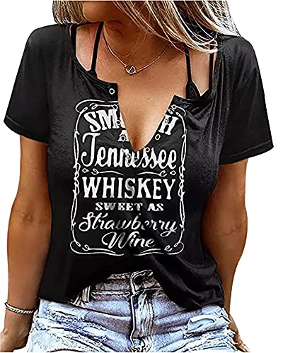 Smooth As Tennessee Whiskey Sweet As Strawberry Wine T-Shirt Women Sexy V-Neck Shirt Country Music Short Sleeve Shirt (Tie Dye, Small)