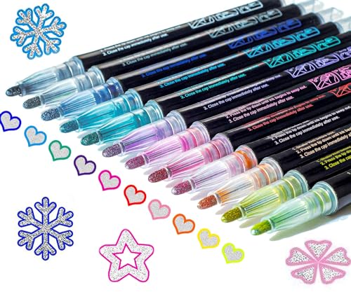 Shimmer Markers Outline Double Line: 12 Colors Metallic Glitter Pens Set Sparkle Kid Age 4 8 10 14 Year Old Gift Present Doodle Drawing Supplies Art Craft Tween Teen Girl Christmas Stocking Stuffers