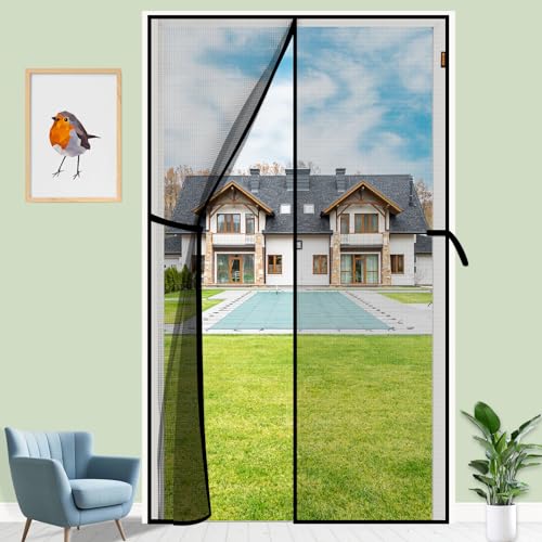 MAGZO Magnetic Screen Door, Fits Door Size 72'' x 80'', Center Opening, Upgraded Polyester with Strengthened Magnets, Auto-Close, Temporary Mesh for Sliding Glass Patio/French/Double/Large Doors, Grey