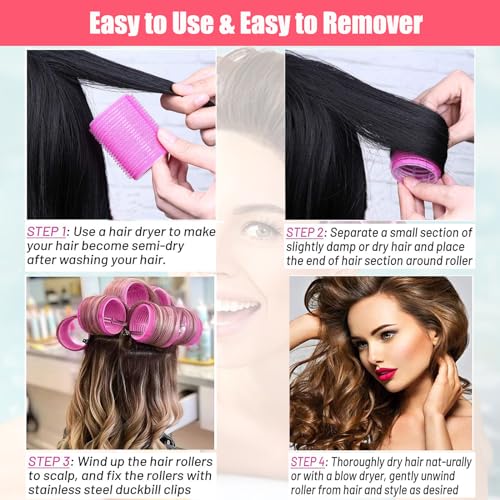 24Pcs Jumbo Hair Curlers Rollers, Self Grip Hair Roller Set with 12 Salon DIY Heatless Hair Curlers Holding Rollers and 12 Stainless Steel Duckbill Clips for Long Medium Hair Bangs Volume