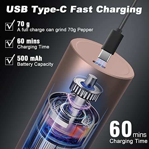 Rechargeable Electric Salt and Pepper Grinder Set - Stainless Steel, with USB Type-C Cable, LED Lights, Automatic Modern Electric Pepper Mill, 2 Adjustable Coarseness Mills, One Hand Operation