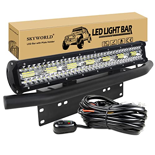 SKYWORLD LED Light Bar, 8D 20 Inch 420W LED Off Road Lights Spot Flood Combo Work Driving Lamp with License Plate Mounting Bracket Holder 12V Wiring Harness Kit for Auto Truck Car ATV SUV 4X4