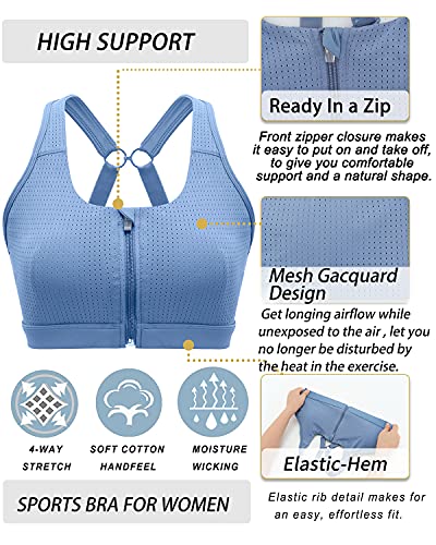 RUNNING GIRL Zip Front Sports Bra for Women,High Impact Adjustable Strap Criss-Cross Back Padded Workout Yoga Bra(2735,Blue,M)
