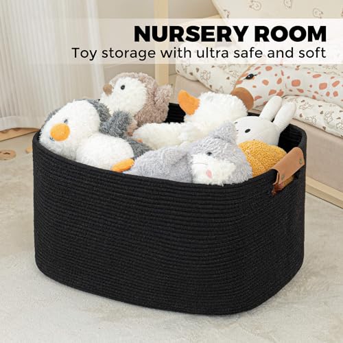 anpinera Extra Large Blanket Storage Basket 25.20’’x16.14’’x16.14’’, Large Rectangle Blanket Basket for Living Room, Woven Rope Storage Organizer Laundry Baskets Bin, White/Pink