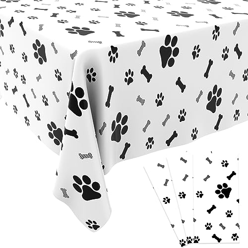 QEYMN Puppy Paw Print Plastic Tablecloth Table Cover, 3 Pack Pupply Paw Print Disposable Rectangle Table Covers for Kids Birthday Party, Pet Puppy Themed Birthday Party Decorations, 54x108 inch