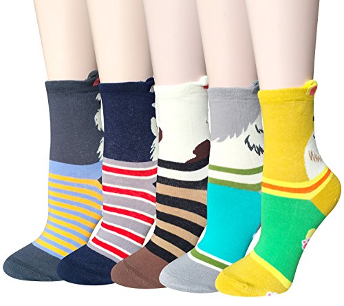 Chalier 5 Pairs Womens Cute Animal Socks Colorful Funny Casual Cotton Crew Socks, Style 05, One Size