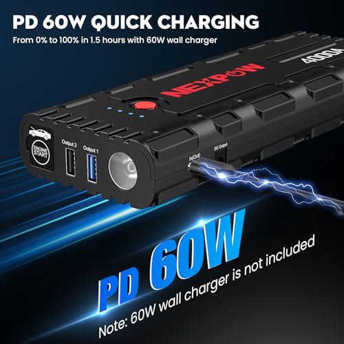 NEXPOW G17 S40 Car Jump Starter PD60W Quick Charge, 4000A Peak Jump Starter Battery Pack (All Gas Up to 10.0L Diesel Engine), 12V Lithium Jump Box, Auto Portable Battery Booster Pack with LED Light