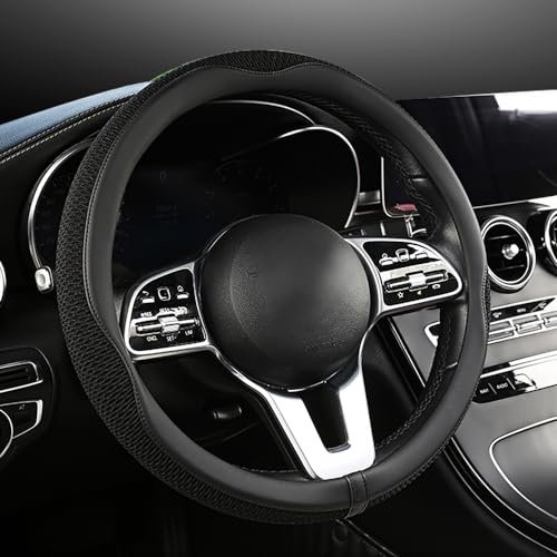 LKWLIKEI Car Steering Wheel Cover, Universal 15 inch, The Latest Microfiber Leather Breathable Technology Fabric, Non-Slip, Comfortable, Warm in Winter and Cool in Summer, Black