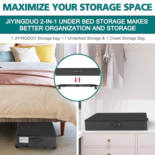 3rd Generation Under Bed Storage with Wheels 2-in-1 Underbed Storage Bins Containers Label Shoe Storage Organizer Drawer Bag Clear Window Solid Fabric for Bedroom Clothes Shoe Blanket (two-grey)