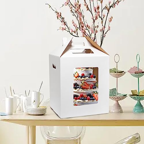 Mcfleet Tall Cake Boxes 4 Pack 10x10x12 for Tier Cakes with Window - 10 Inch Disposable Large Layer Bakery Carrier with Handle - Bakery Safe Transport Box for Wedding, Birthday, Party