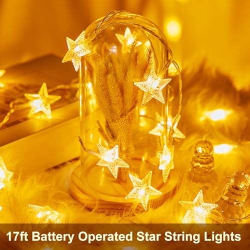 Minetom Star String Lights Battery Operated - 17 ft 50 LED Star Fairy String Lights with Timer, Waterproof for Indoor Bedroom Tent Loft Bed Patio Party Wedding Decor, Warm White