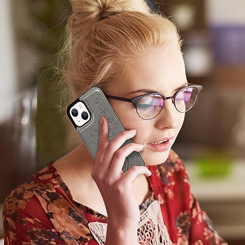 Mavis's Diary Flip Case Compatible for iPhone 15 Wallet Case PU Leather Folio Cover, Phone Case Floral Butterfly Soft Silicone Bumper with Card Holder Kickstand Holster for Women-Grey