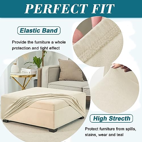 HFCNMY Ottoman Cover Square, Stretch Polyester blend Thick Ottoman Slipcover Square Washable Storage Ottoman Cover Foot Stool Cover with Elastic Bottom for Living Room Beige Medium