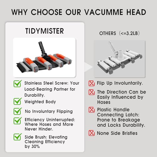 TidyMister Heavy Duty Pool Vacuum Head with Side Brush & Wheels for Vinyl Liner Professional Weighted Swimming Pool Vac Cleaner Heads for Inground & Above Ground Pool - Orange