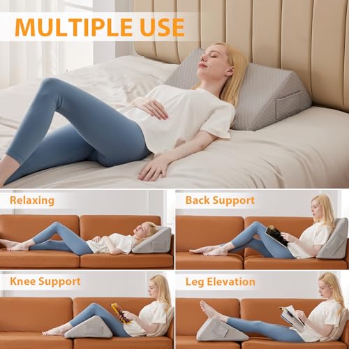 Ruqmuis Knee Wedge Pillow, 8" Wedge Pillow for Knee Pain Relief, Premium Memory Foam Knee Pillow for Back Sleeping, Triangle Wedge Pillow for Leg Elevation, Back Pain, Sciatica, Hip Support, Grey
