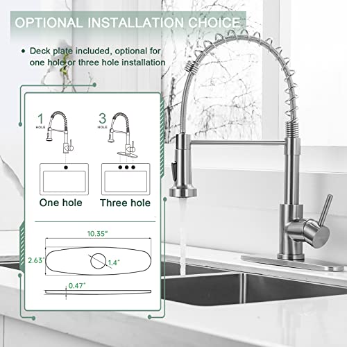WEWE Kitchen Faucets, Brushed Nickel Kitchen Faucet with Pull Down Sprayer, Industrial Spring Single Handle Stainless Steel Kitchen Sink Faucet with Deck Plate, 1 Hole or 3 Hole for Laundry Rv