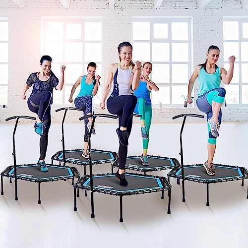 ONETWOFIT 48" Silent Mini Trampoline with Adjustable Handle Bar Fitness Trampoline Bungee Rebounder Jumping Cardio Trainer Workout for Adults Blue